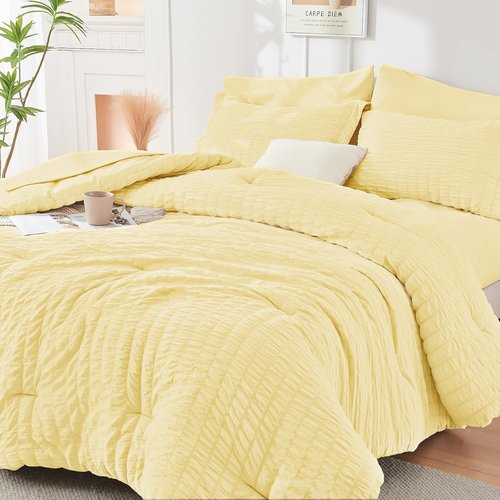 HYMOKEGE Queen Comforter Set - 7-Piece All-Season Luxury Bedding in Yellow | Includes Comforter, Sheets & Pillowcases