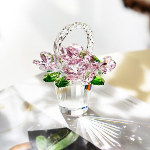 H&D Hyaline & Dora Crystal Pink Flower Basket Figurine - Elegant Glass Collectible for Home Decor | Perfect Gift for Weddings & Christmas