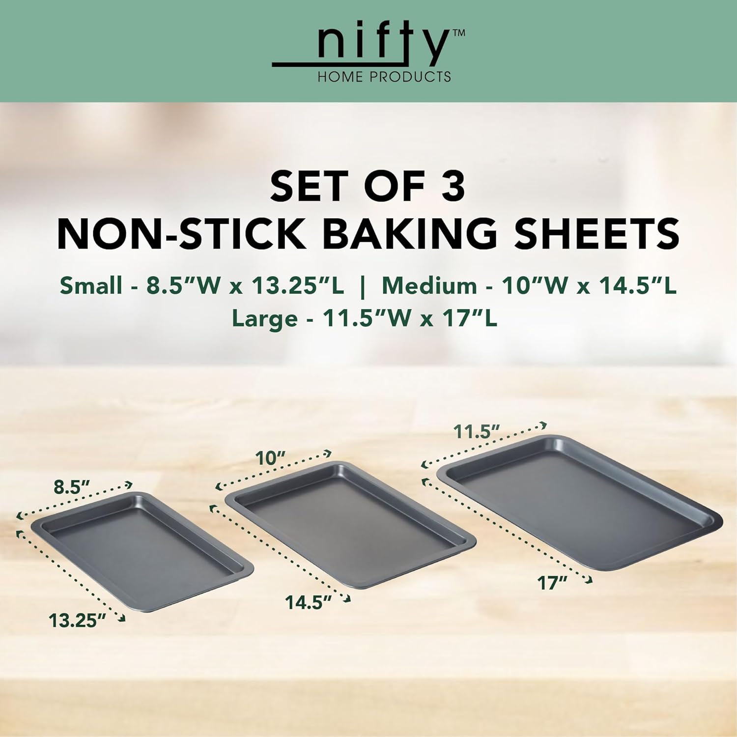 Nifty Baking Sheets Set - Non-Stick Coated Steel, Dishwasher & Oven Safe, Includes 3 Sizes