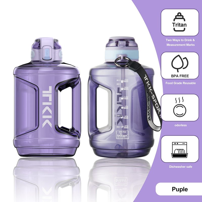 TKK Half Gallon Water Bottle Jug with Straw Time Marker Big Water Bottle Dishwasher Safe 1/2 Gallon 64 Oz Water Jug BPA Free Tritan for Gym Yoga Travel Camping Outdoor，Purple