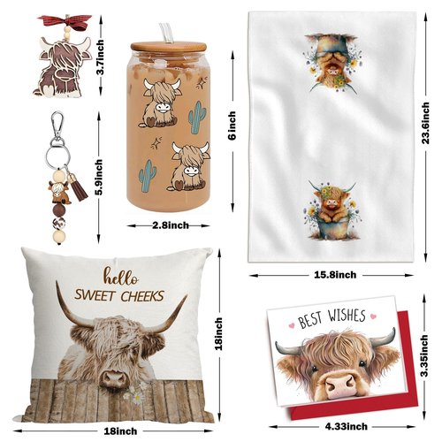 6 Pcs Fall Farmhouse Highland Cow Gifts Box for Women Cow Lovers Friends Graduation Birthday Mothers Day, 16oz Cute Cows Glass Coffee Cup Hello Sweet Cheeks Pillow Cover & Cute Keychain