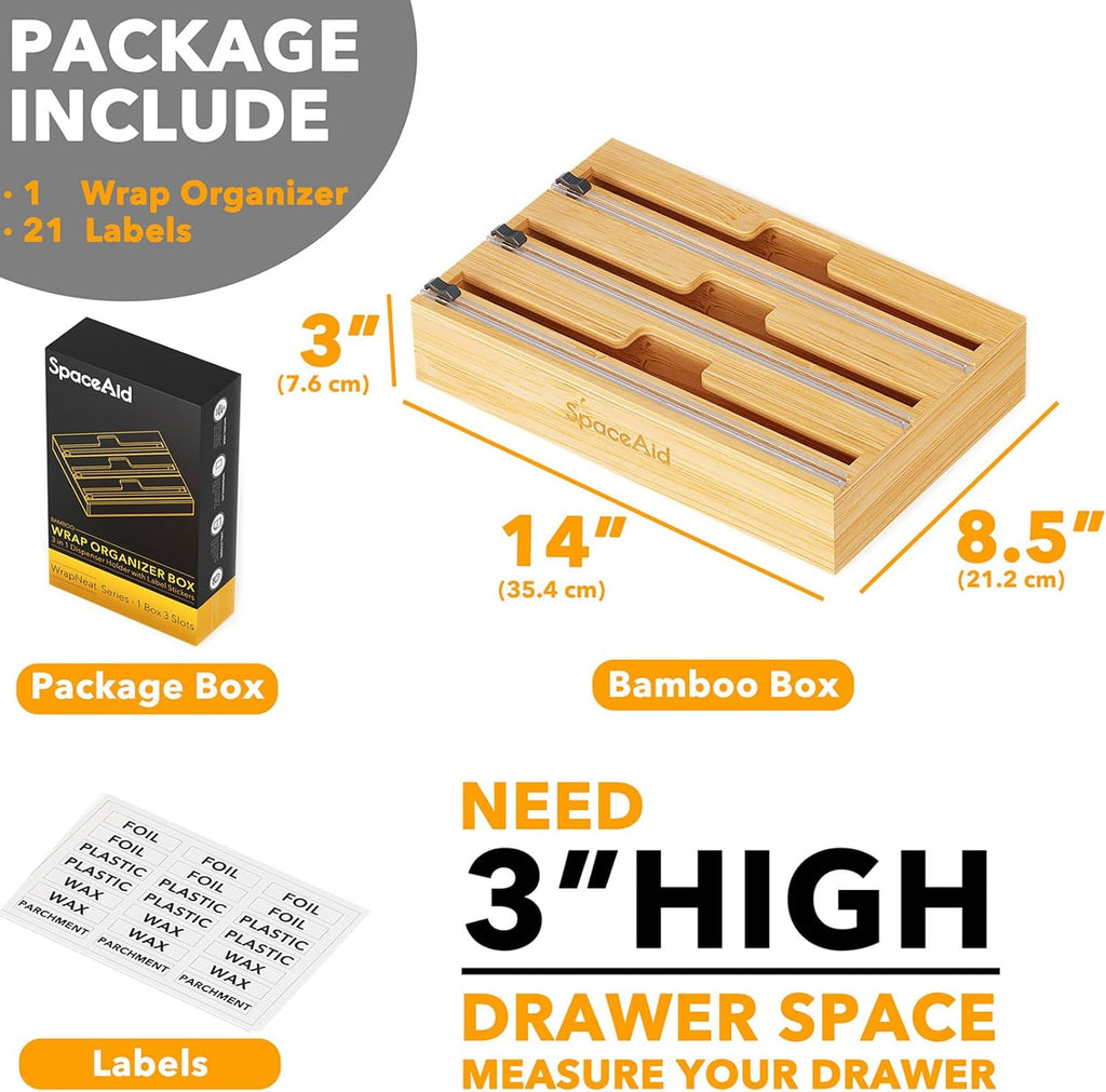 SpaceAid WrapNeat 3-in-1 Wrap Organizer - Cutter & Labels for Kitchen Storage | Fits 12" Rolls (Natural)