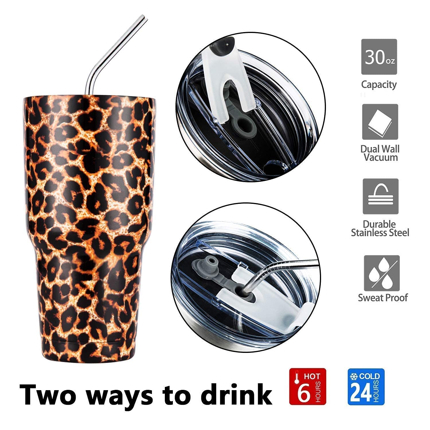 D·S Tumbler 30 OZ Cheetah Print and Sakura Stainless Steel Insulated Tumblers Cup with Straw Lid Cleaning Brush