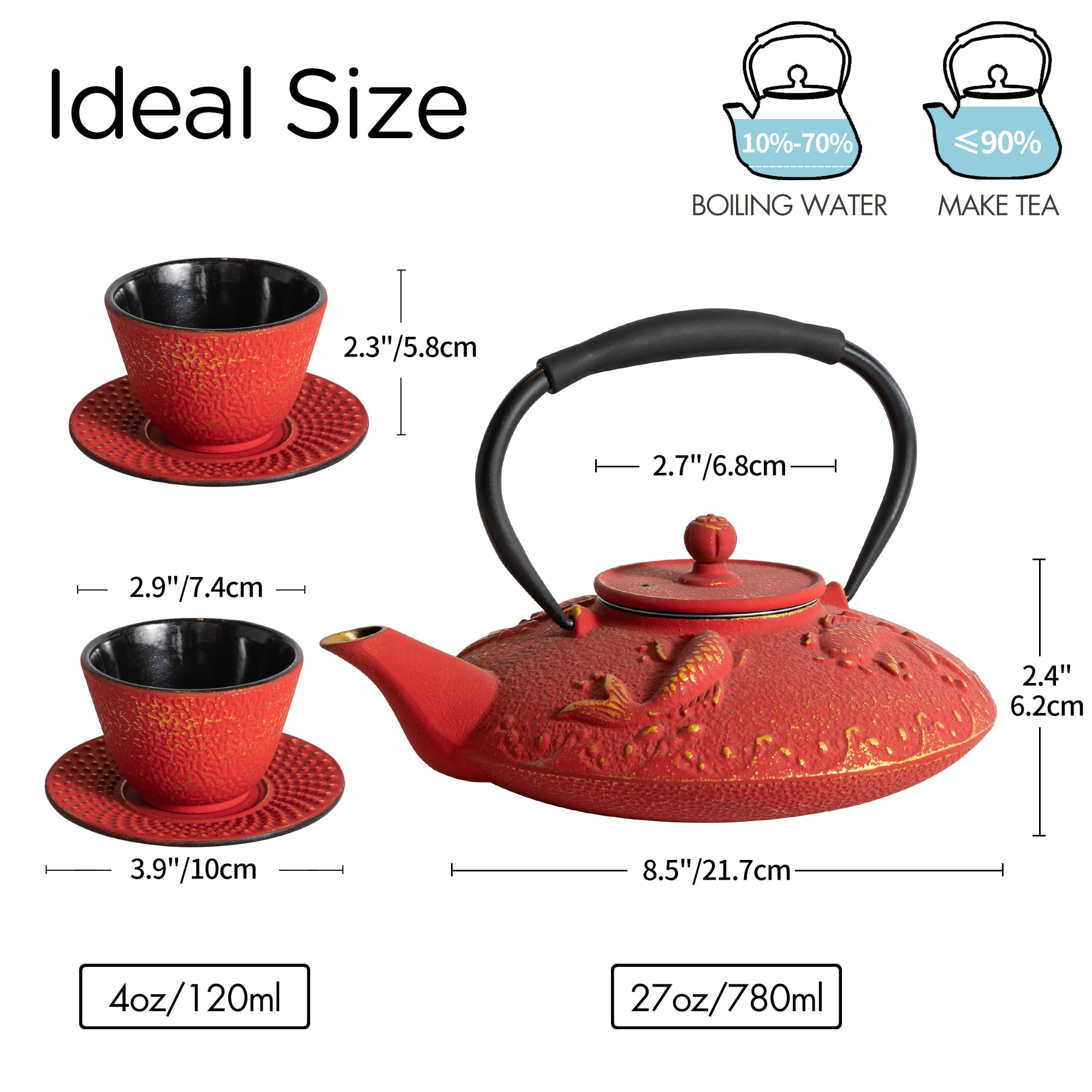 GUANGHEIRON Cast Iron Teapot Set with 2 Tea Cups, 7Pcs Japanese Tea Kettle with Stainless Steel Infuser, Tea Pot Coated with Enameled Interior, Fish Pattern, 27oz 780ml Red