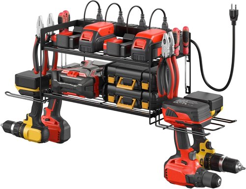 CCCEI Garage Tool Storage - Power Tool Battery Organizer with Charging Station | Wall-Mount Rack for 4 Drills - Black