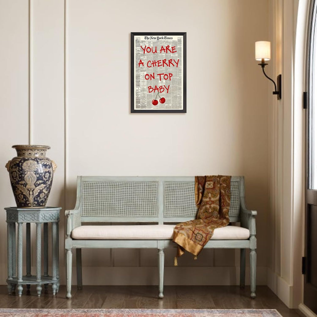 Skiennix Black And White Newspaper Canvas Wall Art - Inspiring "You Are A Cherry On Top" Quote | 8x10in Framed Decor