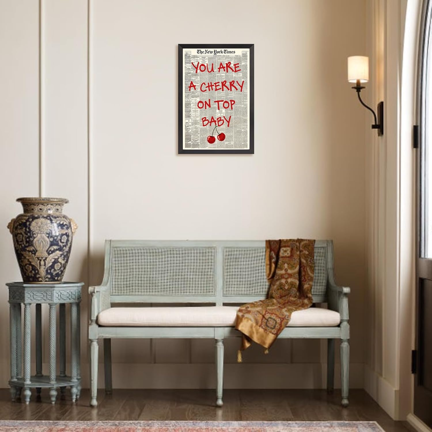 Skiennix Black And White Newspaper Canvas Wall Art - Inspiring "You Are A Cherry On Top" Quote | 8x10in Framed Decor