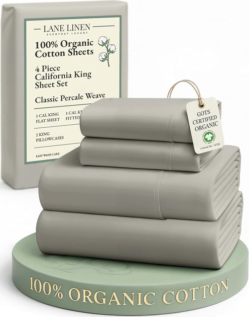 Lane Linen 100% Organic Cotton California King Sheets Set - Naturally Cooling, Machine Washable, Silver