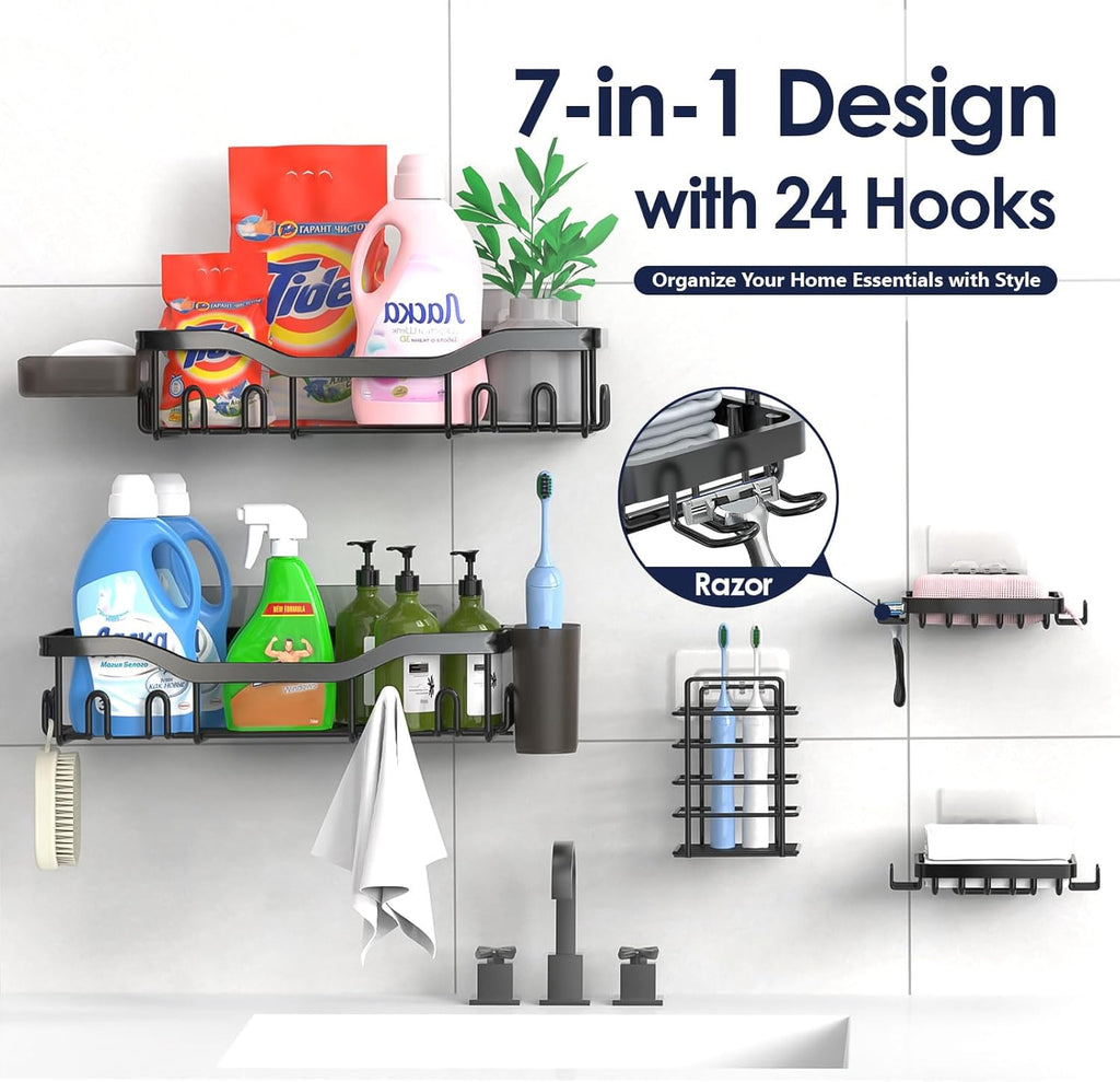 NESOMI Shower Caddy - Rustproof Stainless Steel Organizer with Soap Dish & Hooks | 7-Pack, No-Drill Storage