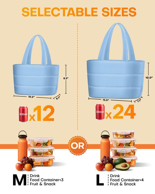 HOTOR Puffer Tote Lunch Bag for Women - Large Capacity Insulated Lunch Box & Cooler, Leakproof Thermal Lunch Bag for Office, Gym, Travel, Picnic, Light Blue, 10.2" x 6.1" x 8.3"