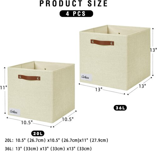 Bagnizer Collapsible Fabric Storage Cube Bins - Foldable Organizer Baskets with 2 Handles | 13"x13"x13", Beige, 4 Pack