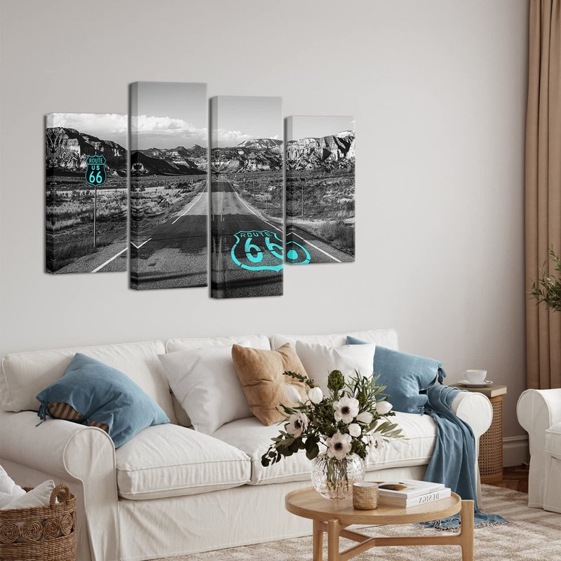 Route 66 Canvas Wall Art California's Mojave Desert Road Scenery Pictures Prints American Wild Western Mountain Painting Decor Framed Black Teal