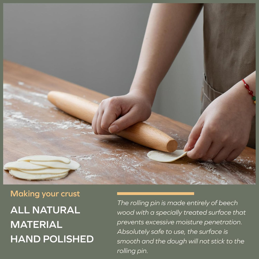 Muso Wood French Rolling Pin - Beech Wood Tapered Design for Baking | 15.75-Inch for Pastry & Cookies