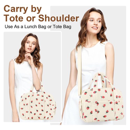 KUBYA Corduroy Lunch Box Lunch Bag for Women Adults Men, Cute Strawberry Insulated Work Reusable Leakproof Simple Large Lunch Boxes Tote Bag Adults Cooler Bag, with Shoulder Strap