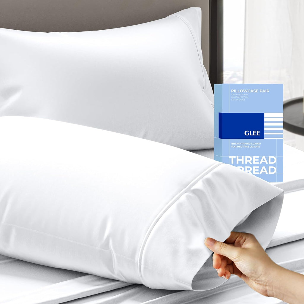 Thread Spread 100% Cotton King Size Pillow Cases - Luxury 400 Series Glee Collection, Soft & Breathable (White)