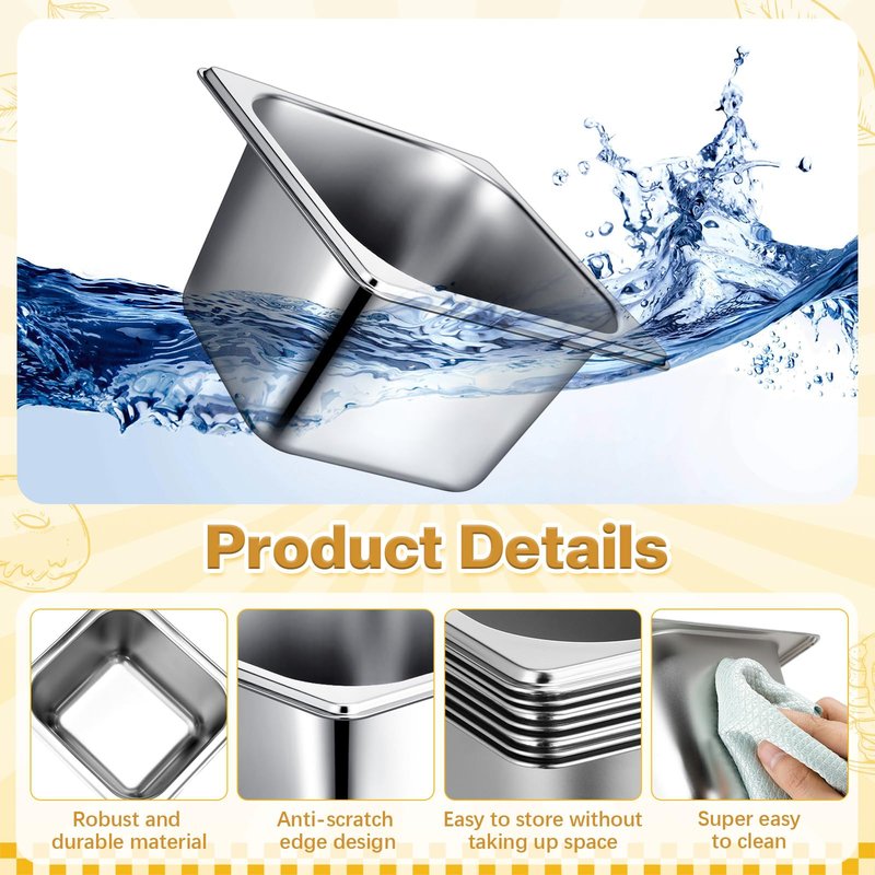 Rtteri 22 Pcs 1/6 Size 4 Inch Deep Stainless Steel Hotel Pans Set: 16 Metal Buffet Steam Table Pans with 2 Tongs & 4 Spoons – Stackable & Anti Jam, Commercial Restaurant Catering Kitchen Food Prep