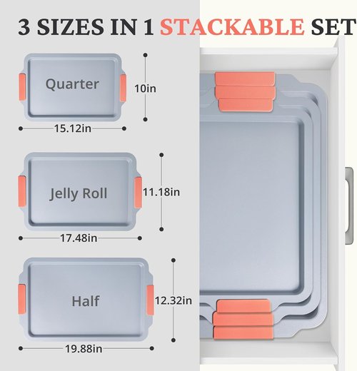 BRONYPRO Non-Stick Ceramic Baking Sheet Set | 3 Heavy-Duty Cookie Sheets - PFOA & PTFE Free, Coral