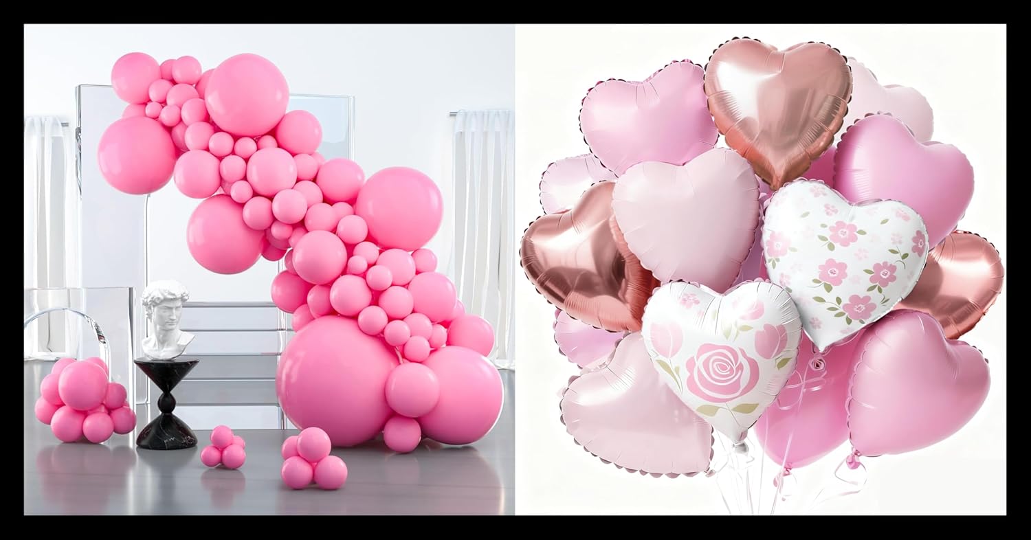 PartyWoo Pink Balloons - 127 Pcs in Various Sizes with Heart Foil for Valentine's Day Decor