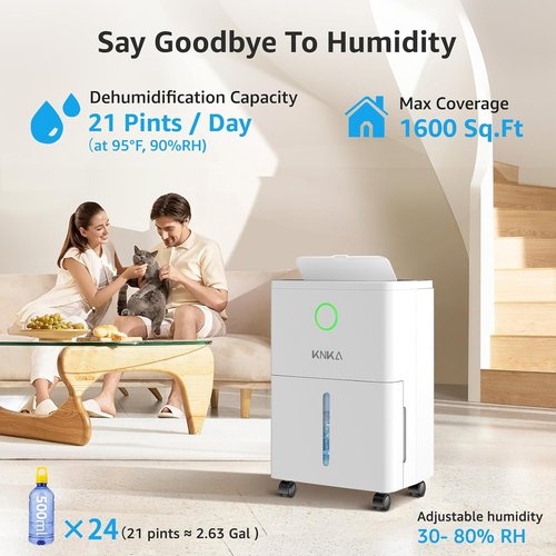 KNKA 21 Pint Dehumidifier - Efficient 1600 Sq.Ft. Coverage with Continuous Drainage & Washable Filter