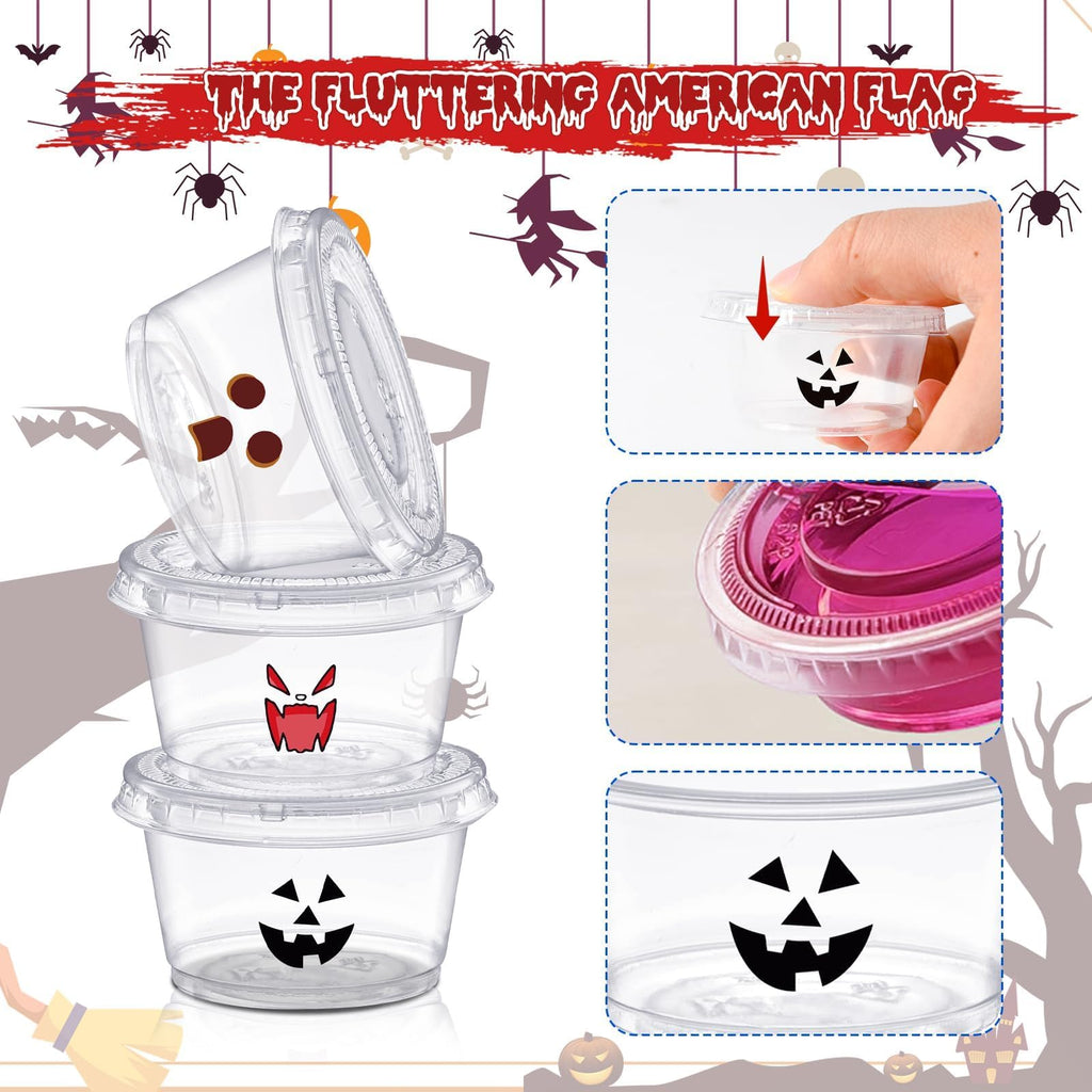 HSLCGF 150 Pcs 2 Oz Halloween Jelly Shot Cups with Lids Disposable Mini Sauce Cups 2 Oz Plastic Containers with Lids Cute Emoji Cups for Holidays Party Supplies (Ghost,Bat,Pumpkin)