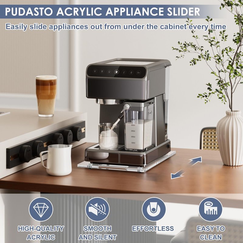 PUDASTO Sliding Tray for Coffee Maker, 9.8" x 14" Acrylic Appliance Sliders with Rubber Wheels, Coffee Pot Slider Tray for Countertop Moving, Stand Mixer, Toaster & Heavy Kitchen Appliances (Clear)