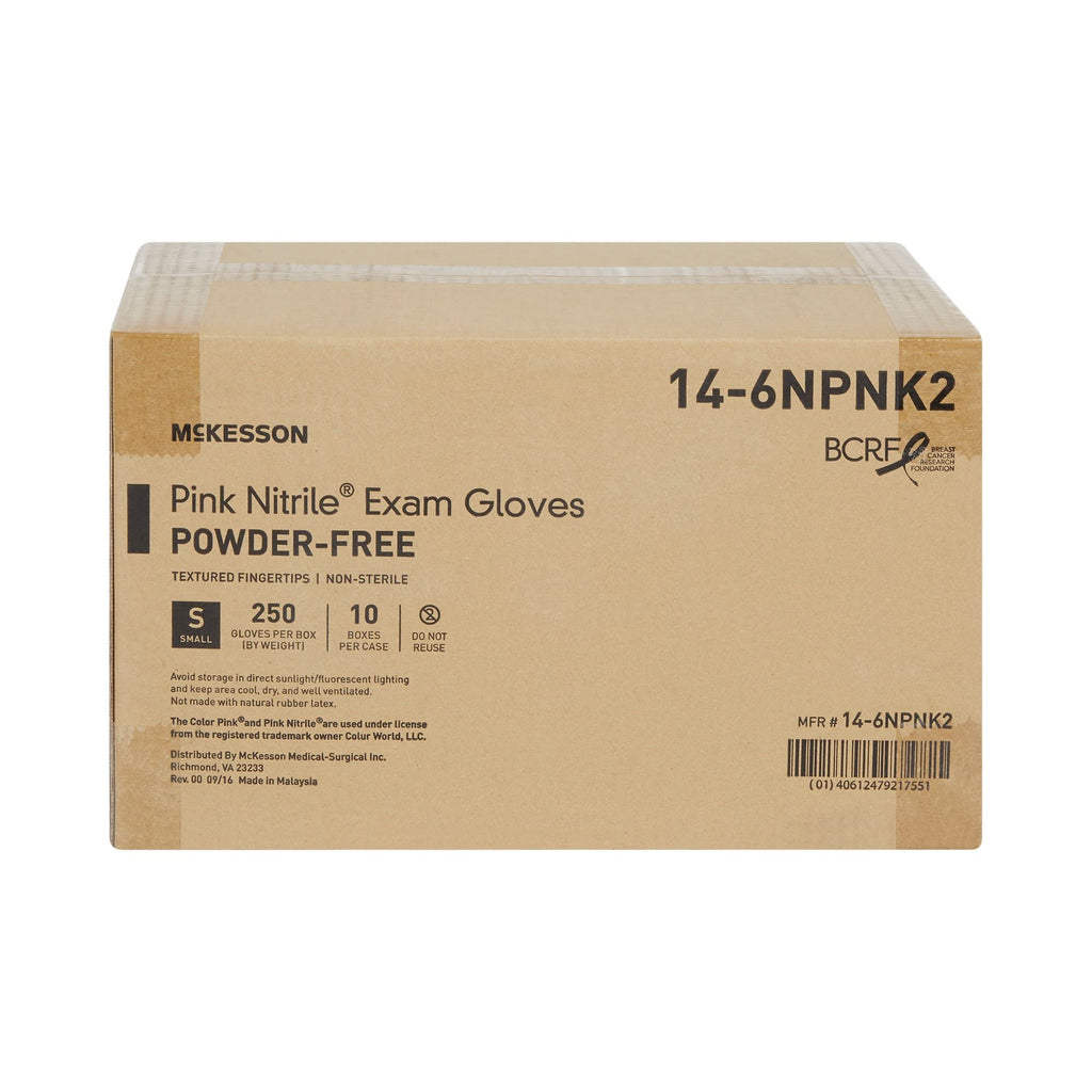 McKesson Pink Nitrile Exam Gloves - Powder-Free, Latex-Free, Ambidextrous, Textured Fingertips, Non-Sterile - Size Medium, 250 Count, 1 Box