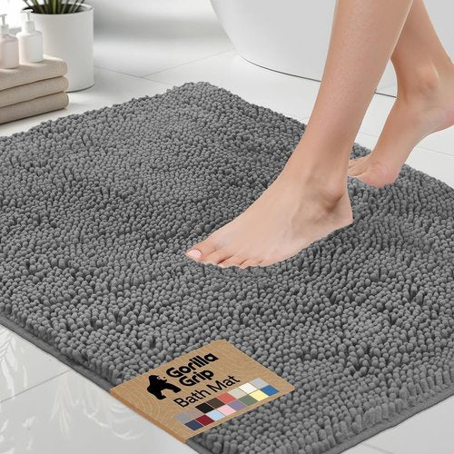 GORILLA GRIP Bath Rug Mat - Thick Soft Absorbent Chenille | Quick Dry Microfiber, 24x17, Grey
