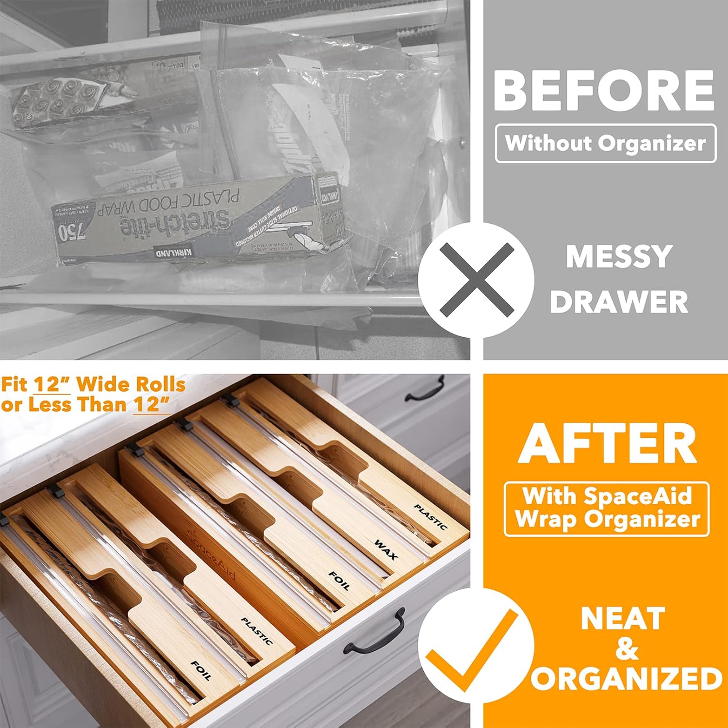 SpaceAid WrapNeat 3-in-1 Wrap Organizer - Cutter & Labels for Kitchen Storage | Fits 12" Rolls (Natural)