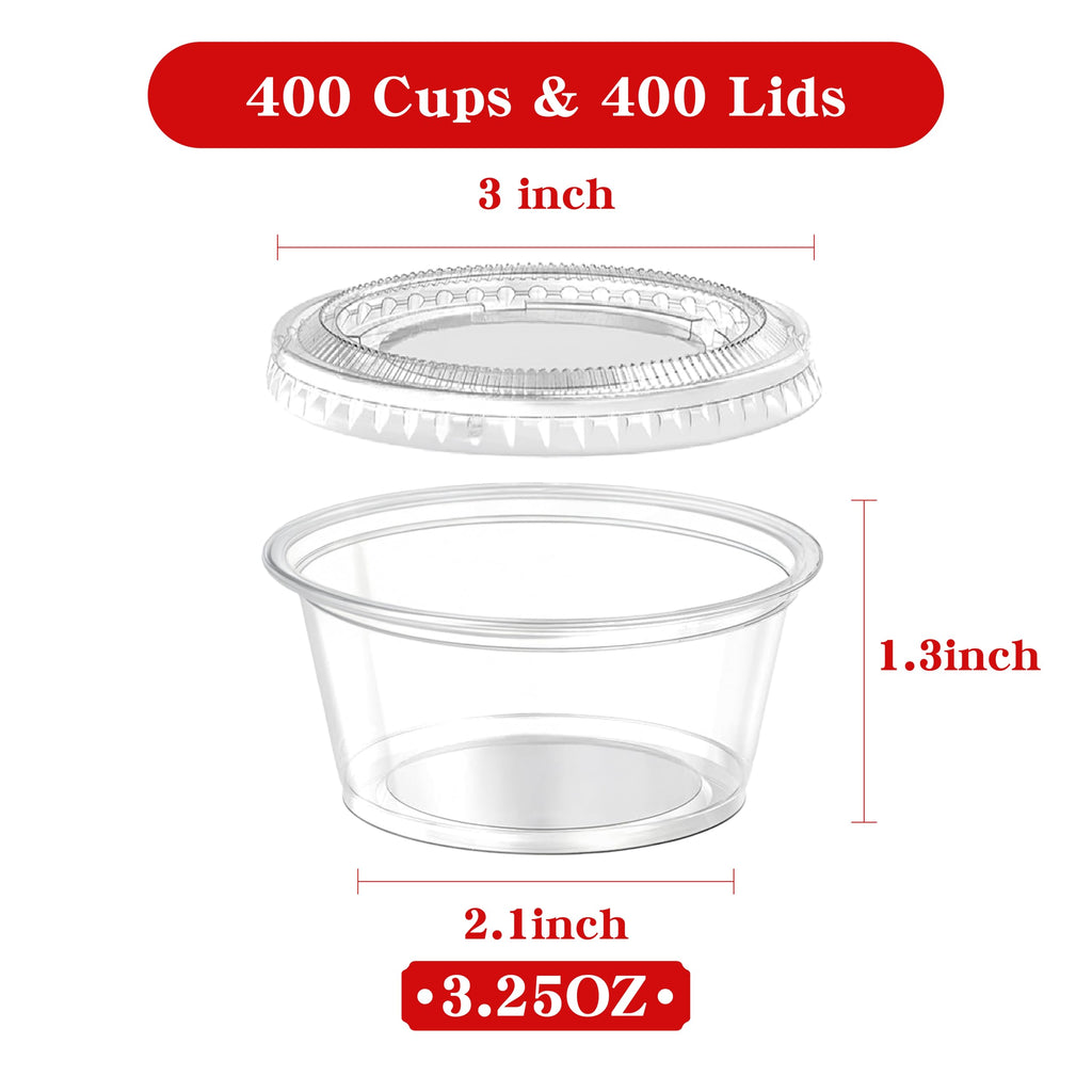 LOYLUX 400 Set 3.25 oz Jello Shot Cups With Lids, Clear Portion Cups, Small Plastic Comtainers, Disposable Dip Cups with Lids for Salad Dressing, Sauce, Condiments, Meal Prep