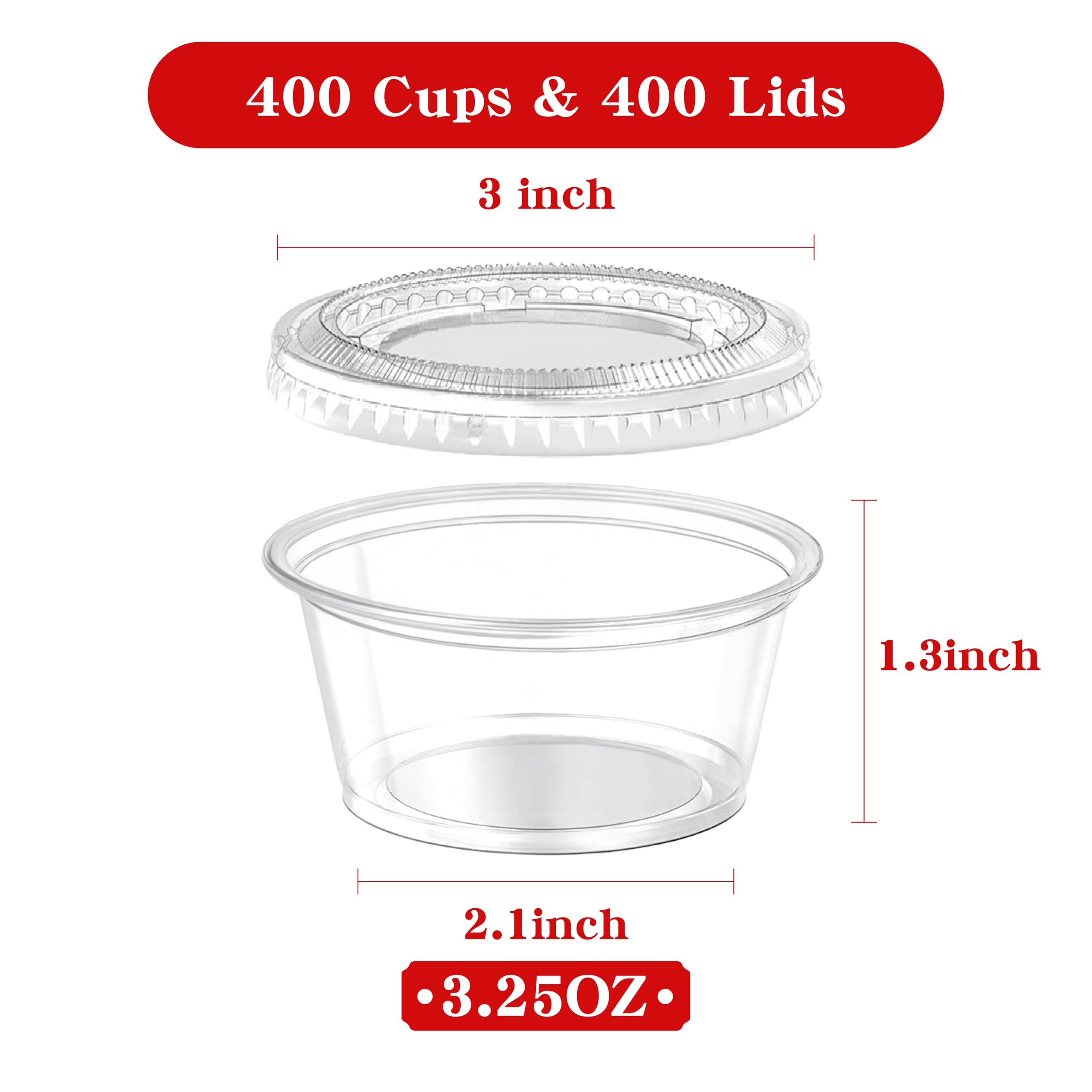 LOYLUX 400 Set 3.25 oz Jello Shot Cups With Lids, Clear Portion Cups, Small Plastic Comtainers, Disposable Dip Cups with Lids for Salad Dressing, Sauce, Condiments, Meal Prep