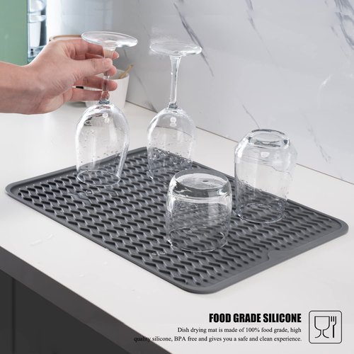 Silicone Dish Drying Mat, Non-Slip Easy Clean Sink Mat Large Heat-resistant Dish Drainer Mat for Kitchen Counter, Sink, Refrigerator or Drawer liner (18" x 16", GREY)