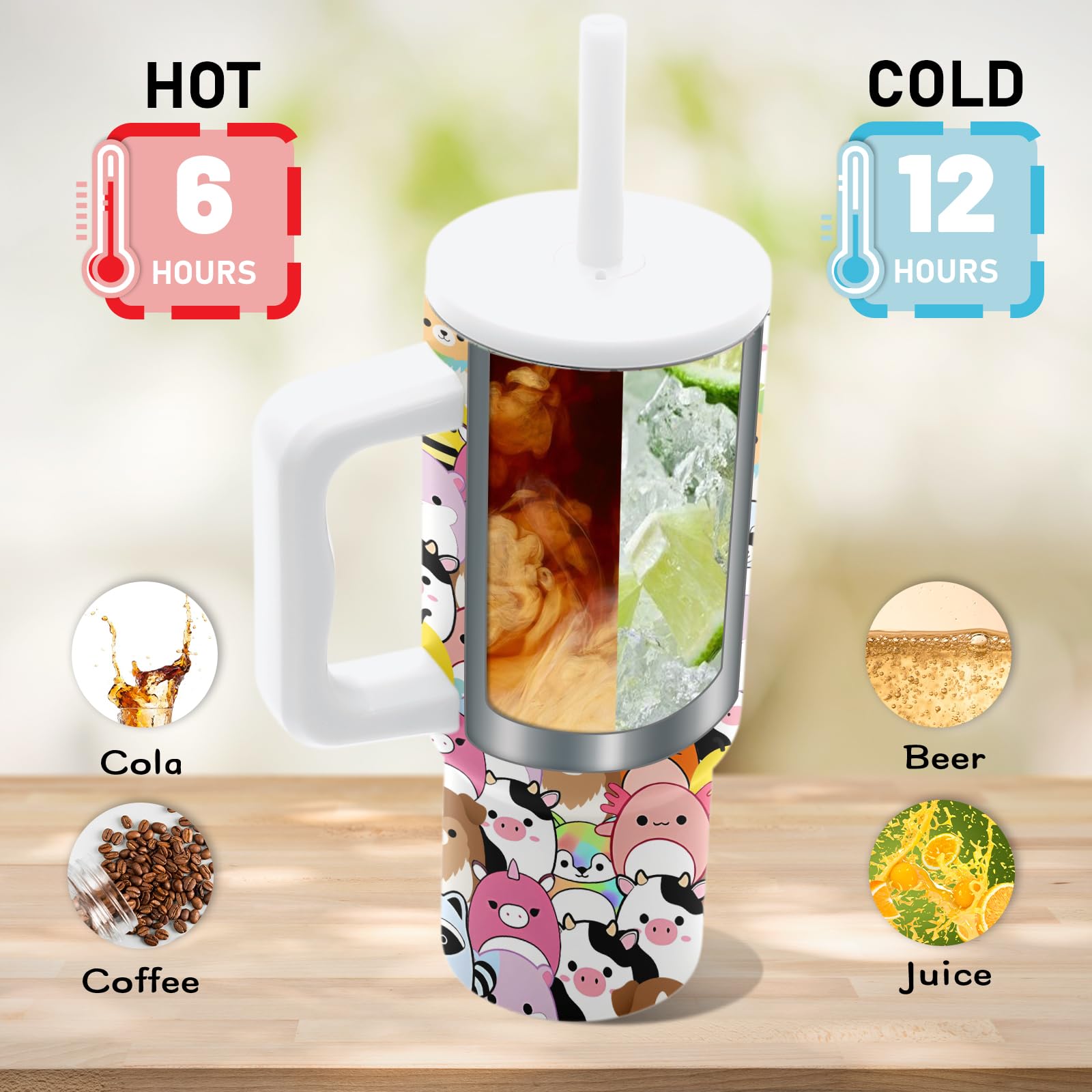 Colorful Squishy Tumbler with Handle 24 Oz, Insulated Stainless Steel Cartoon Animals Print Coffee Mug Cup, Squish Toy Lovers Gifts for Women Girls