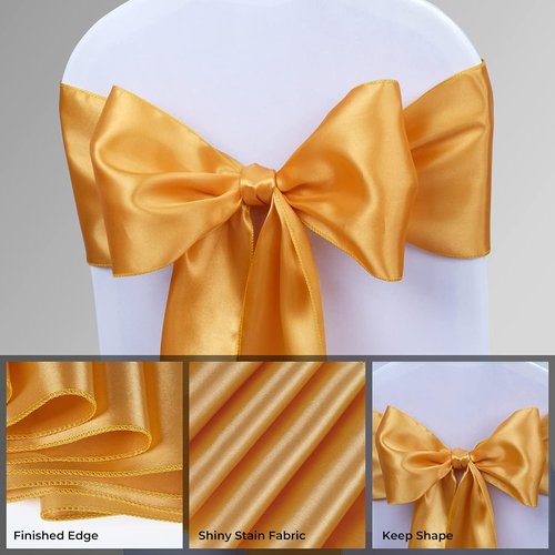 Babenest Satin Chair Sashes - 50 Pcs Upgraded Ribbons & Bows for Weddings, Parties & Events | Gold