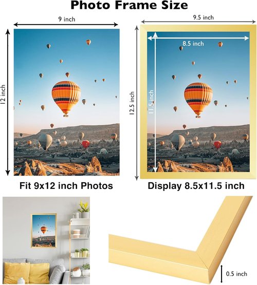 JCJMY Gold 9x12 Picture Frame - Wall Mounting Horizontally or Vertically | Durable Shatter-Resistant Plexiglass
