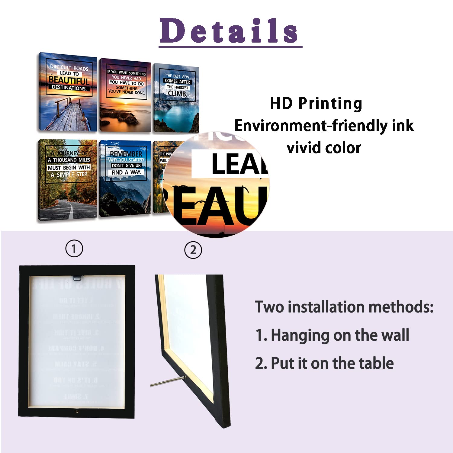 Inspirational Canvas Decoration Painting, landscape Canvas Wall Art，Suitable for Library, School, Gym,Office， Living Room Decor,6-Pack，Tabletop/Hanging(29 x 38cm) Framed