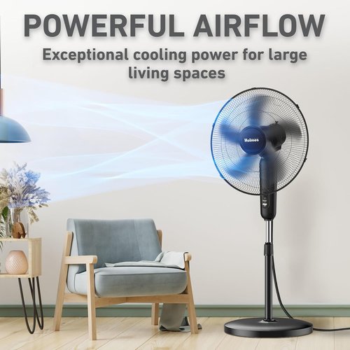 Holmes 18-Inch Oscillating Stand Fan - Powerful 3-Speed Airflow with Adjustable Height & 30° Tilt - Black