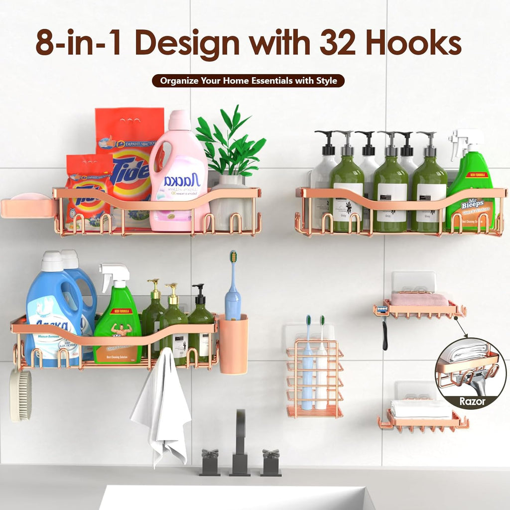 NESOMI Shower Caddy - Rustproof Stainless Steel Organizer with Soap Dish & Hooks | 8-Pack, No-Drill Design