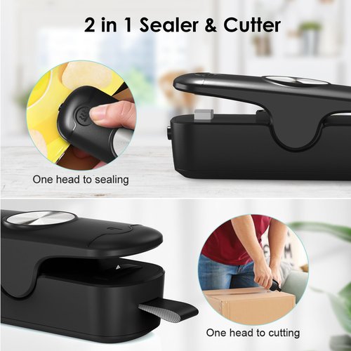 OEOP 2 Pack Mini Bag Sealer, 2 in 1 Sealer and Cutter, Portable Heat Sealer Machine, Chip Heat Resealer for Snacks & Food Storage, Black/White (Batteries Included)