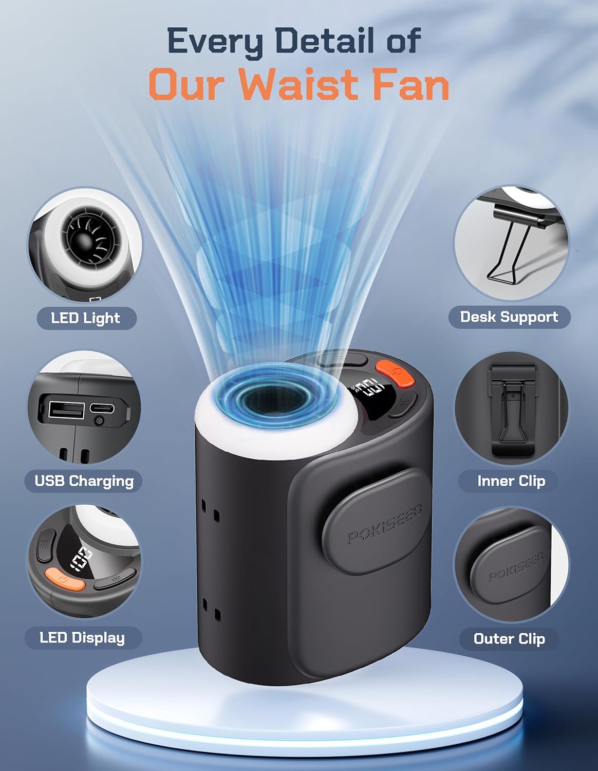 POKISEED Portable Fan - 10000mAh Rechargeable Battery, 40H Runtime, 5-Speed Turbo Cooling | Hands-Free Design (Black)