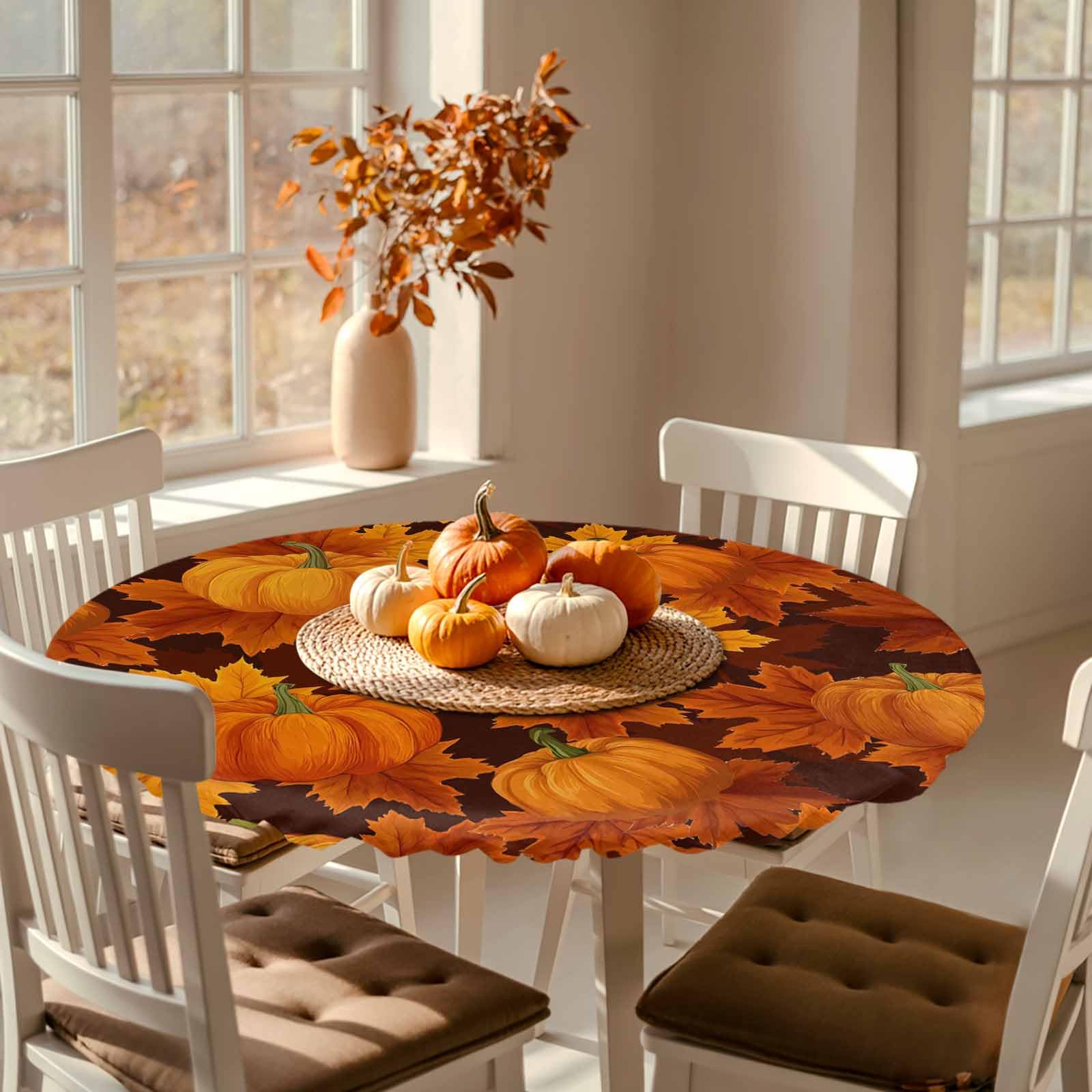 Thanksgiving Pumpkin Maple Leaves Round Table Cloth Fitted Tablecloth,Fall Table Cover with Elastic Edge Waterproof Table Cloth,Autumn Harvest Circle Table Covers for Kitchen Indoor Outdoor 45-54in