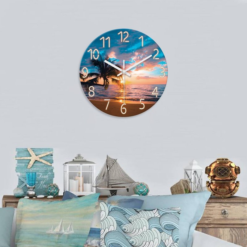 XFM Beach Wall Clocks Battery Operated 16 Inch Palm Tree Wall Clocks for Living Room Bedroom Big Round Glass Silent Wall Clock Non Ticking Sunset Tropical Seashore Clock