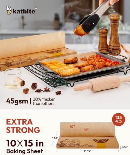 Katbite 135 Pcs Pop-Up Parchment Paper Sheets - Heavy Duty, Non-Stick, 10x15 In Unbleached Baking Paper
