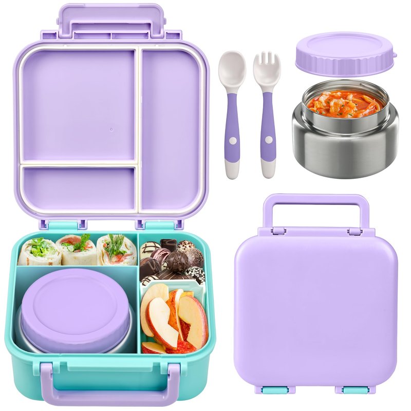 BEAQUEE Bento Box for Kids with Soup Thermos(9oz)– Kid Bento Lunch Box with Leak Proof Insulated Food Jar, Hot & Cold Lunch Container Set for School Girls Boys, 4-Compartments, Purple/Blue