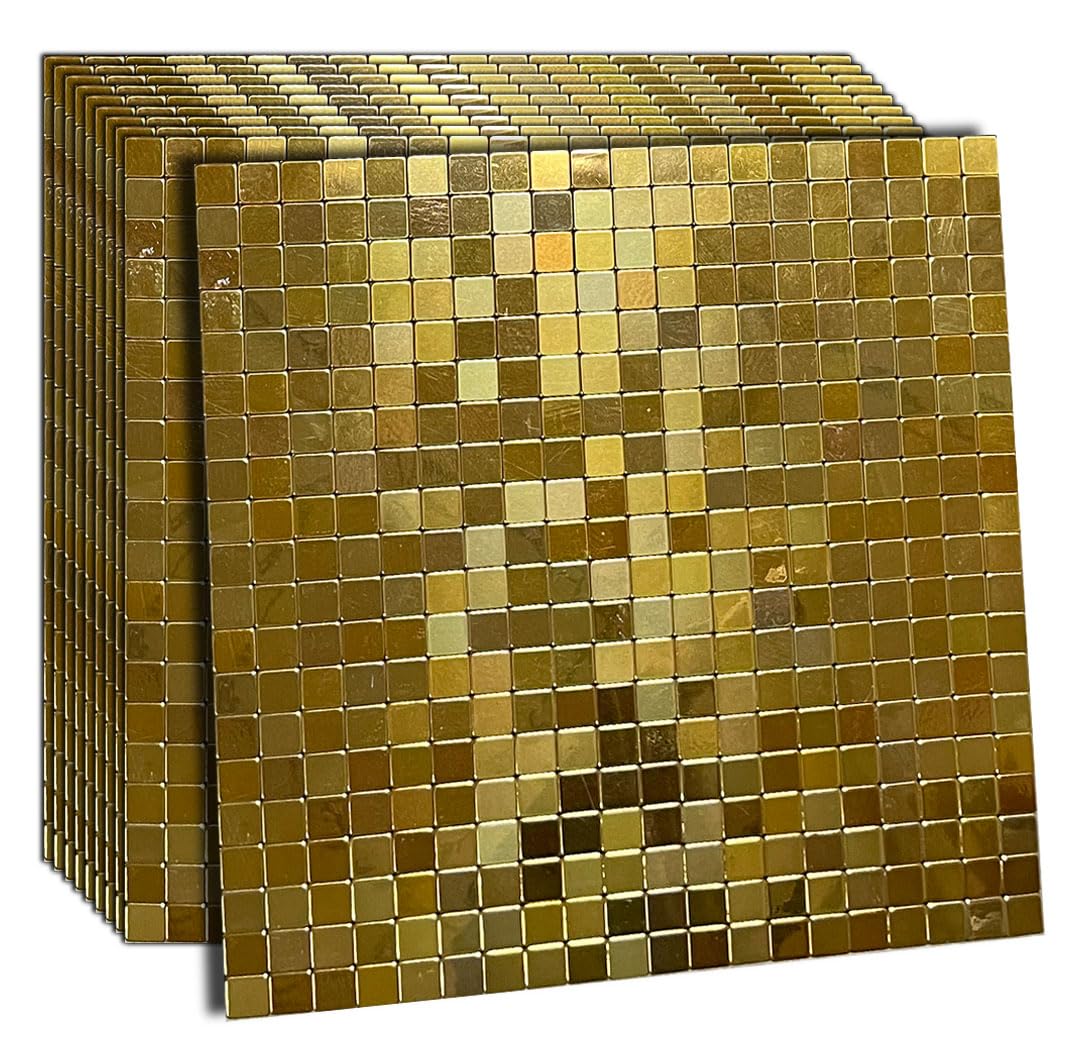 XUANINY Self-Adhesive Metal Backsplash, Peel and Stick Tile for Kitchen Brushed Aluminium Surface backsplash (11.73"x11.73",10) (10 Golden Mirror)