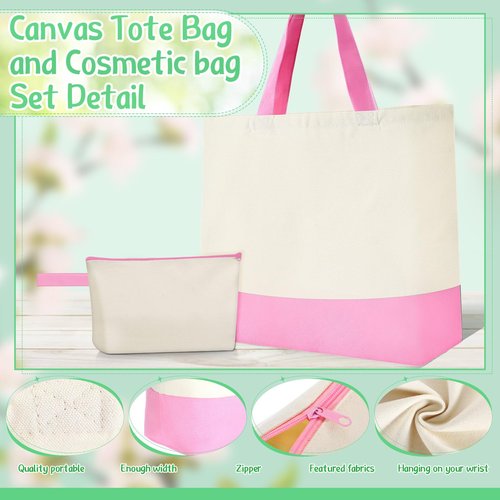 Sanwuta 24 Pcs Canvas Tote Bags Bulk 18.5" Cotton Cosmetic Bags with Zipper Reusable Shopping Tote with Handles(Pink and Beige)