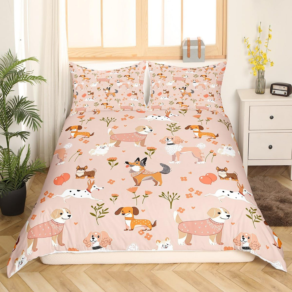 Romantic Dogs Duvet Cover Set King Size,Kawaii Cute Cartoon Pet Puppy Comforter Cover with 2 Pillowcases,Pink Flowers Plant Animal Modern Bedding Set for Adult Young Bedroom Xmas Gift