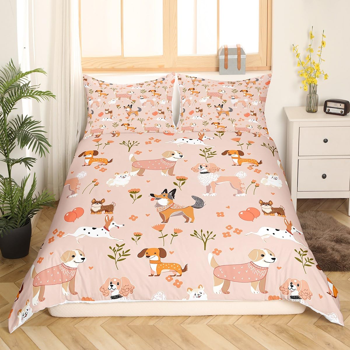 Romantic Dogs Duvet Cover Set King Size,Kawaii Cute Cartoon Pet Puppy Comforter Cover with 2 Pillowcases,Pink Flowers Plant Animal Modern Bedding Set for Adult Young Bedroom Xmas Gift