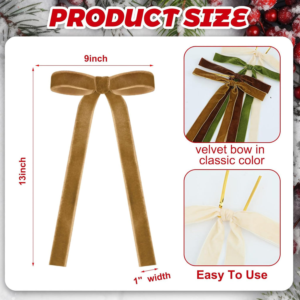 Skiennix 24 Pcs Velvet Bows - Vintage Ribbon Bows for Christmas Tree & Crafts | 9x13 Inch, Brown, Khaki, Beige, Moss Green