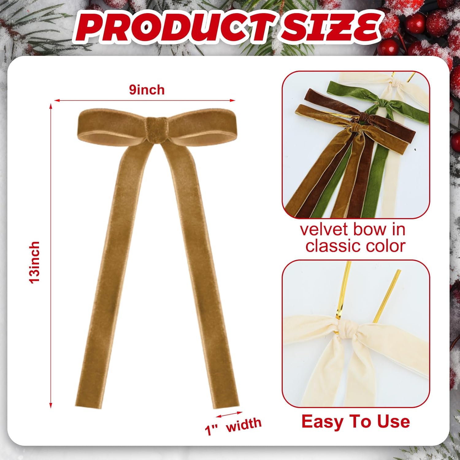 Skiennix 24 Pcs Velvet Bows - Vintage Ribbon Bows for Christmas Tree & Crafts | 9x13 Inch, Brown, Khaki, Beige, Moss Green