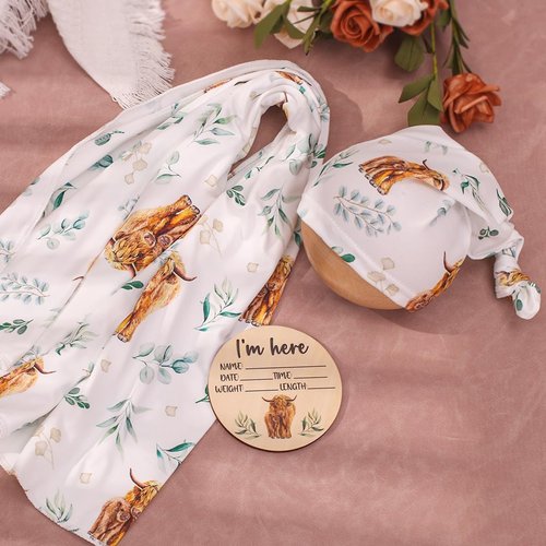 Ylsteed Baby Highland Cow Swaddle Blanket and Headband Set, Newborn Receiving Blanket Swaddle Wrap for Girls and Boys, Swaddling Blankets Neutral for Newborn 32 * 32 in (Highland Cow)